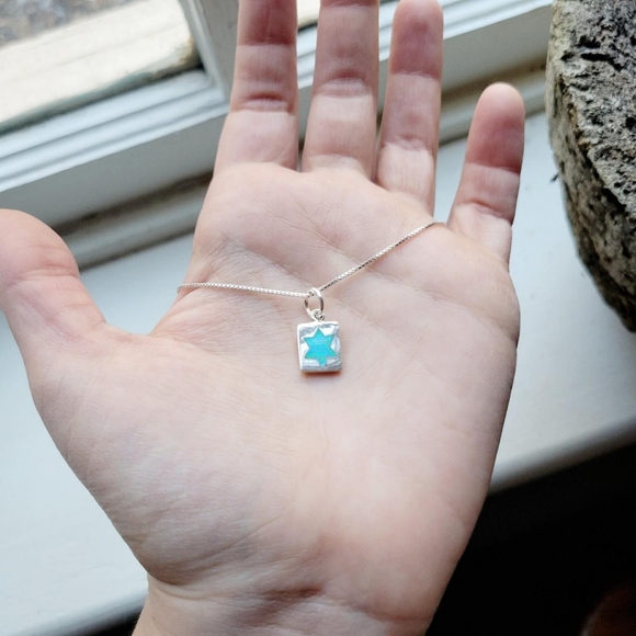 New Solid 925 Sterling Silver Star of David Square Blue Triplet Opal Necklace - Picture 1 of 8